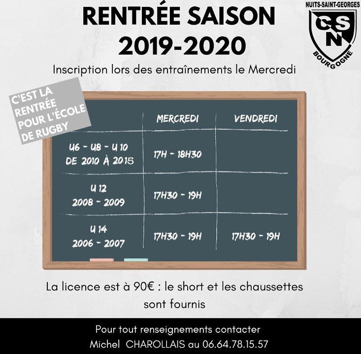 Ecole de rugby horaires 2019-2020